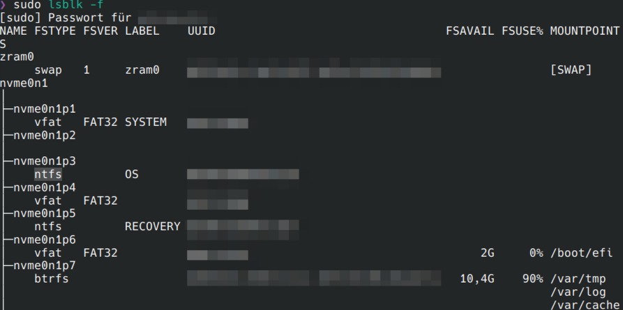 Übersicht der Partitionen im Terminal in Arch Linux / cachyOS